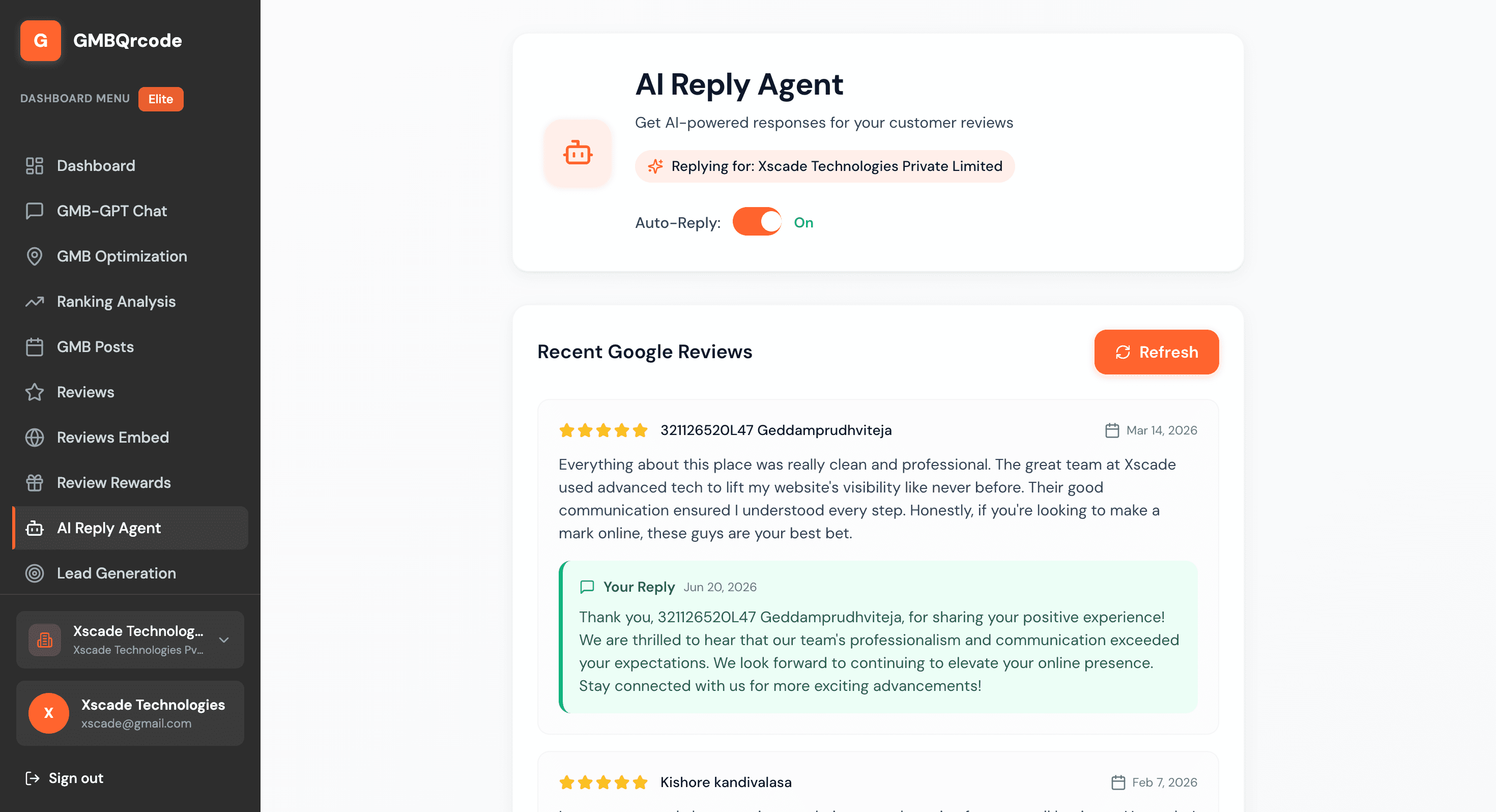 GMBQrcode AI reply agent with auto-reply enabled for Google reviews
