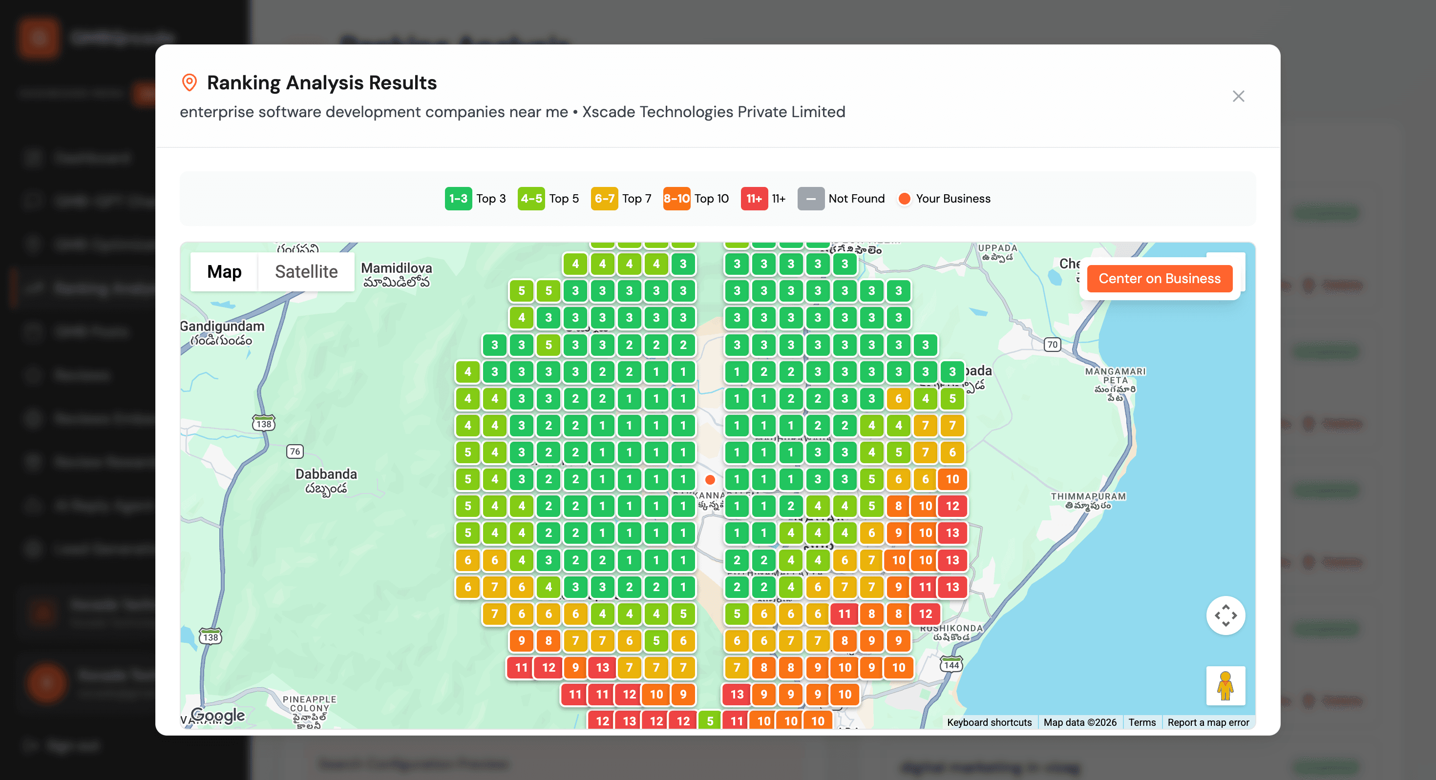 GMBQrcode ranking analysis heatmap on a local map grid