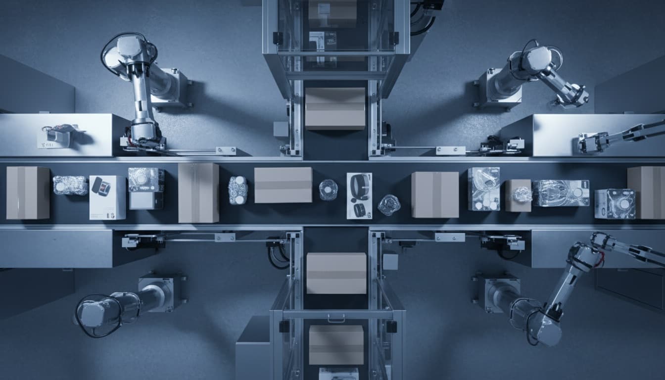 AI camera screening cartons on a factory conveyor belt with defect detection