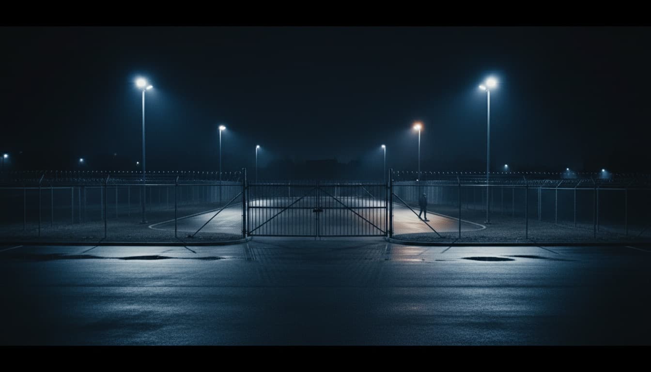 AI stealth alarm camera detecting an intruder at a warehouse perimeter at night